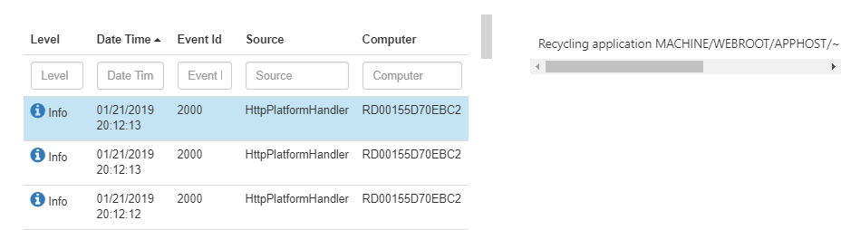 Application Events log list with Level, Date Time, Event Id, Source, and Computer columns, and a detail panel on the right