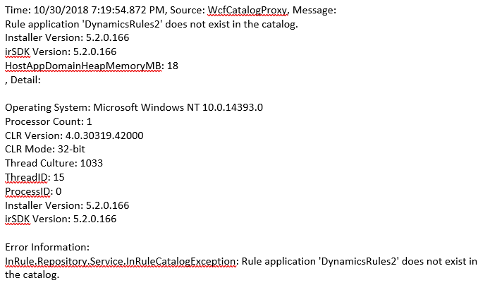 Error event log example: Rule application 'DynamicsRules2' does not exist in the catalog, with installer version, irSDK version, and error information details
