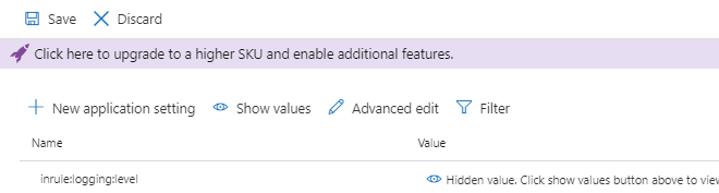 Application settings toolbar with Save and Discard buttons, Save highlighted, above the inrule:logging row
