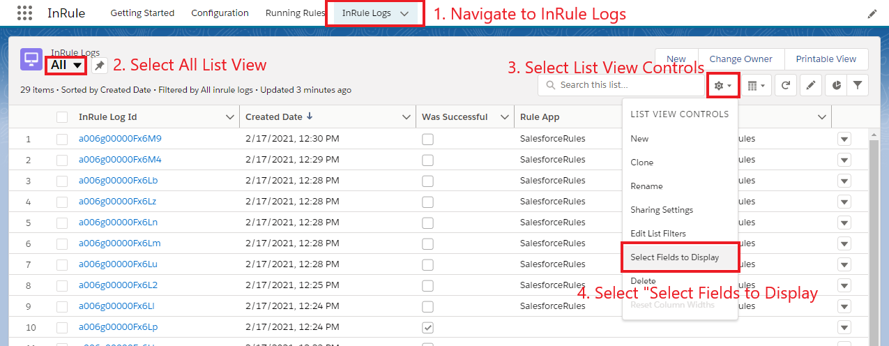 InRule Logs "All" list view with the InRule Logs tab, All list view dropdown, List View Controls gear icon, and Select Fields to Display option numbered and highlighted