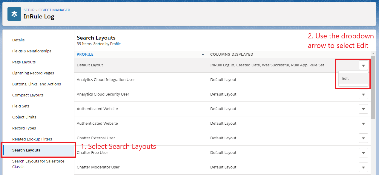 Object Manager Search Layouts list for InRule Log with the Search Layouts item and Default Layout's Edit dropdown numbered and highlighted
