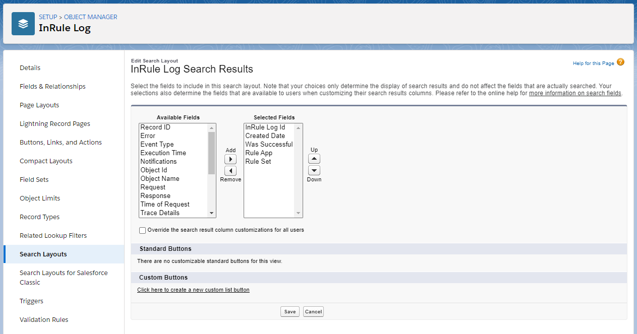 Edit Search Layout page for InRule Log Search Results, with Available Fields and Selected Fields set to InRule Log Id, Created Date, Was Successful, Rule App, Rule Set