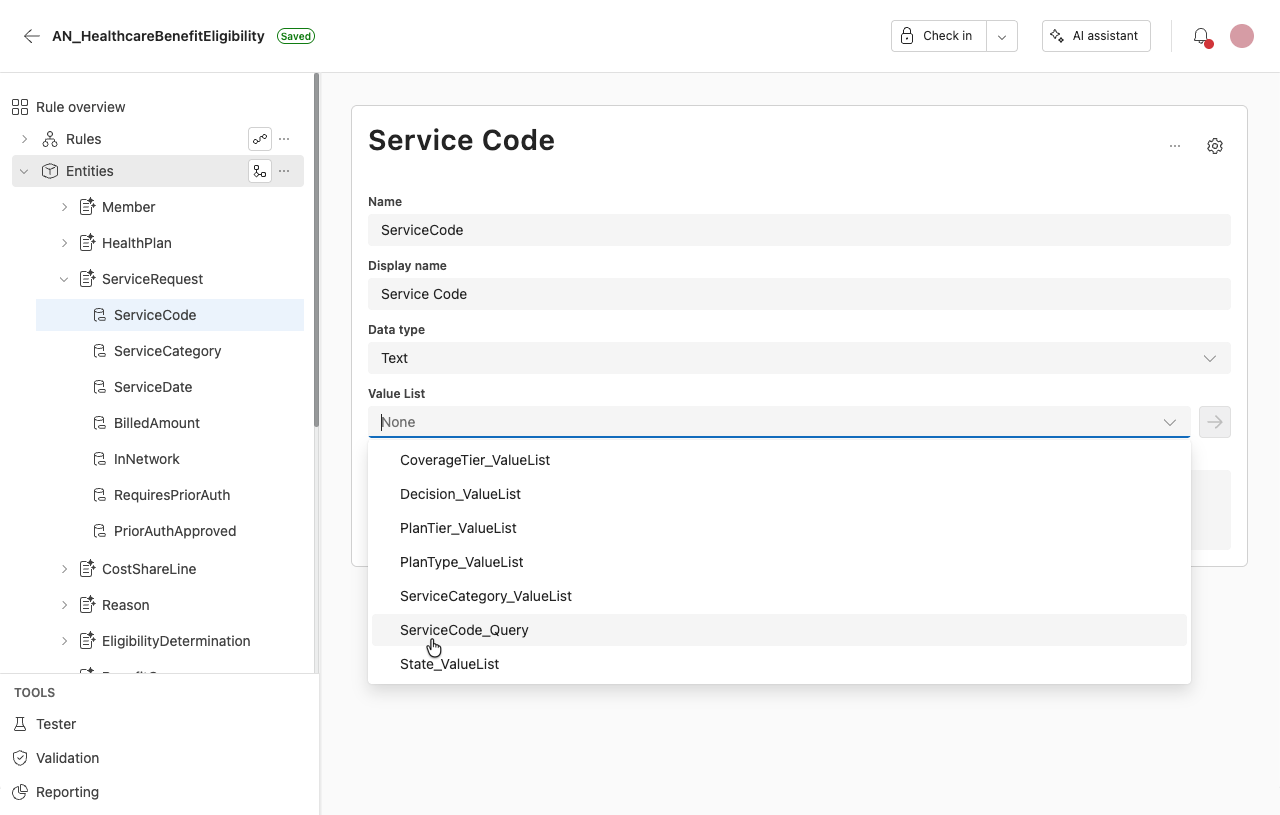 Screenshot showing how to bind a value list to an entity