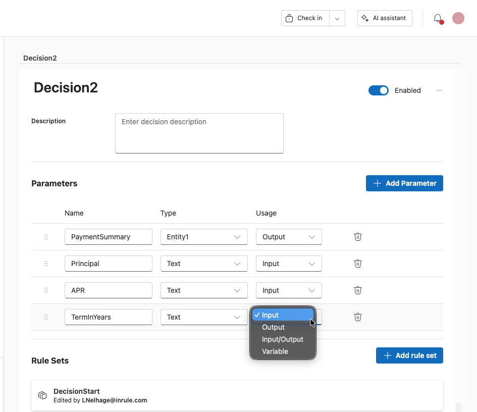 Screenshot showing the editing of parameters