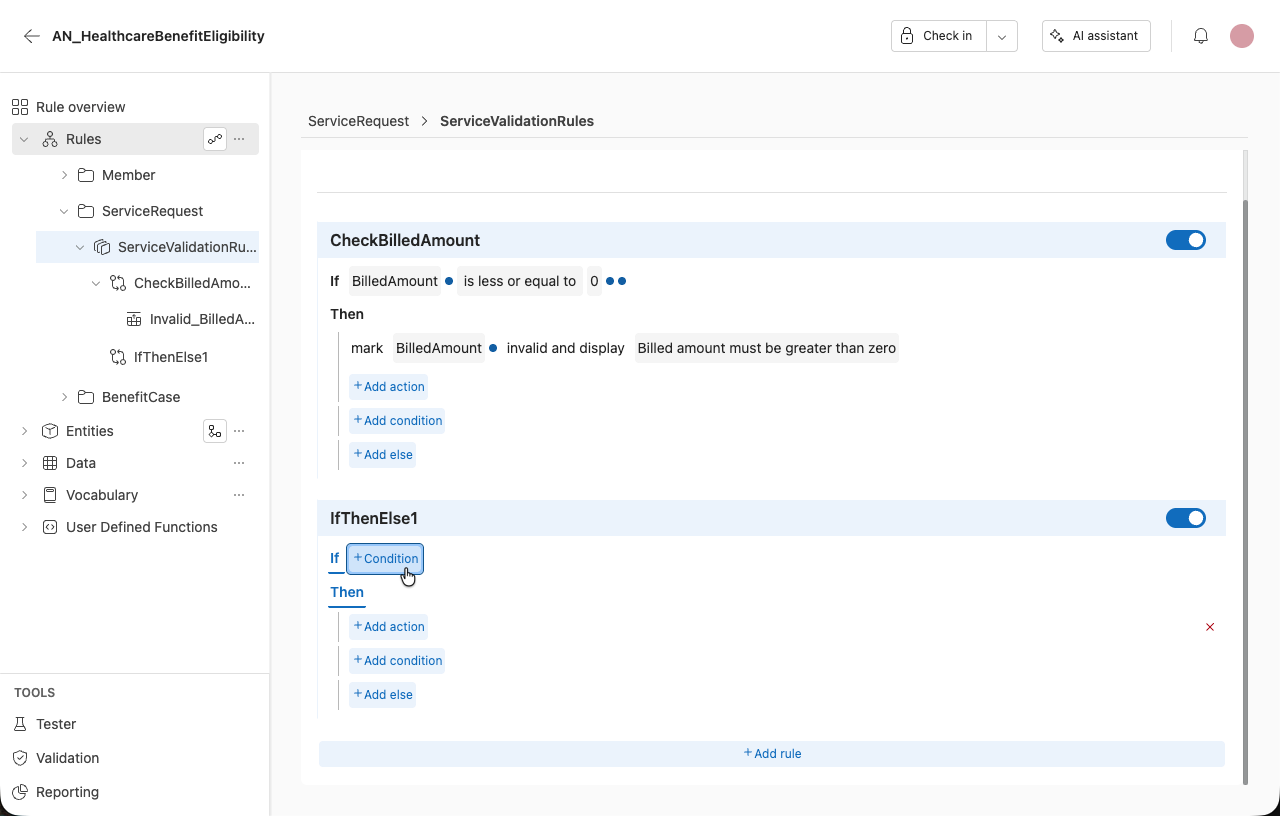 Screenshot of the + Condition menu in the rule editor