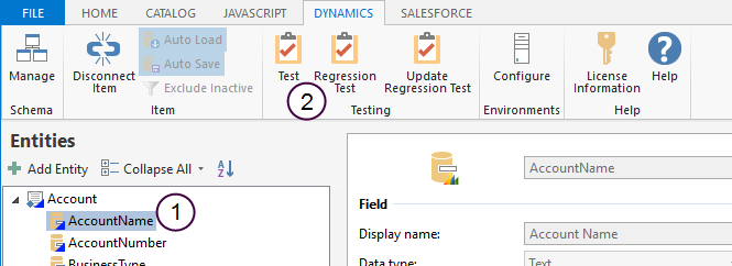 irAuthor Entities view with the AccountName field selected and the Test button called out