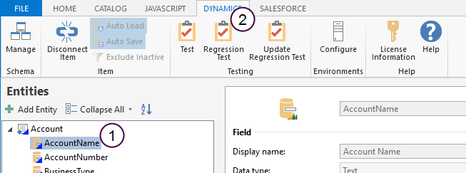 irAuthor Entities view with the Account entity selected and the Regression Test button called out